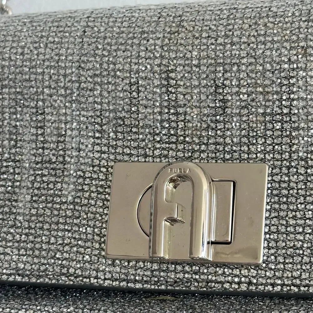 FURLA 1927 Glitter Embellished Chain Strap Mini Crossbody Bag Silver